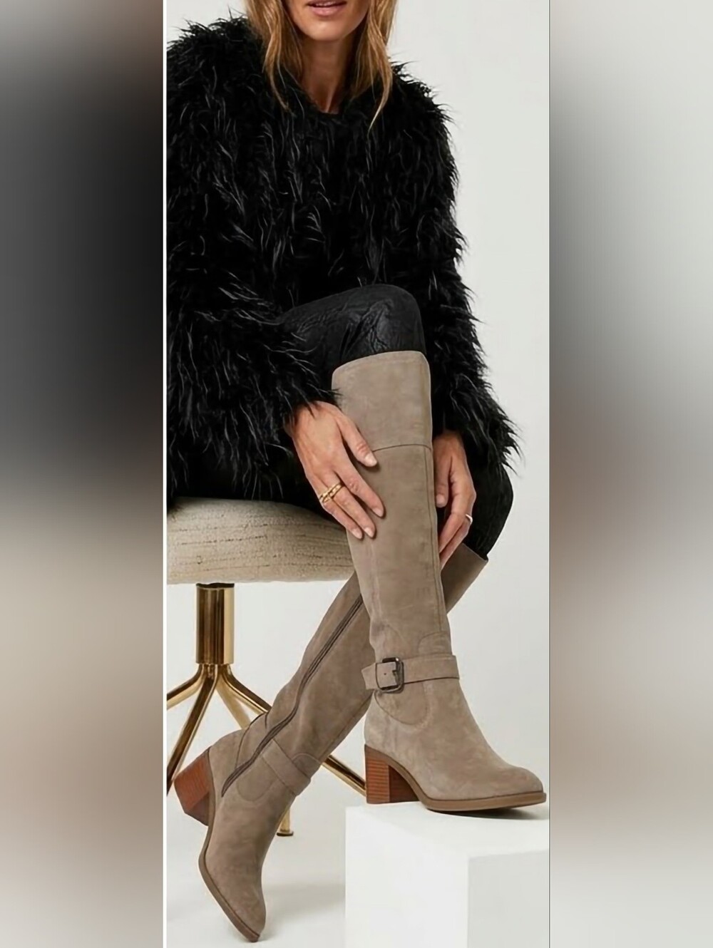 Marc Fisher Taupe Over-the-Knee Calf Suede Boots with Buckle US 8